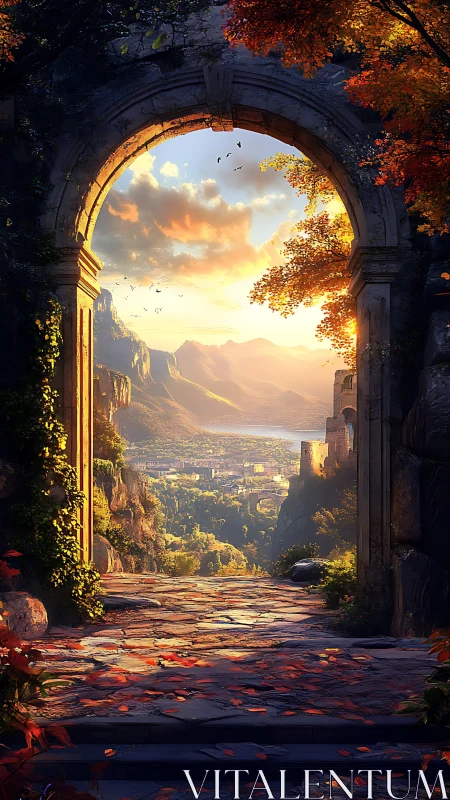 Sunlit stone archway opens toward a tranquil valley city
