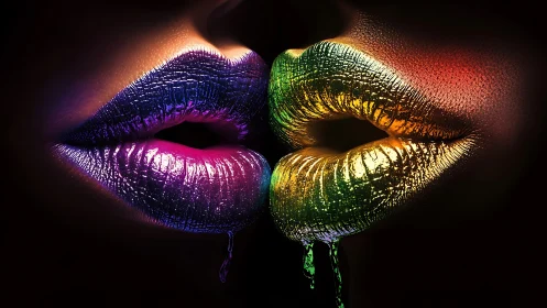 Luminous rainbow lips sharing a bold, electric moment.