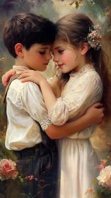 Boy and Girl Embracing in Victorian Garden