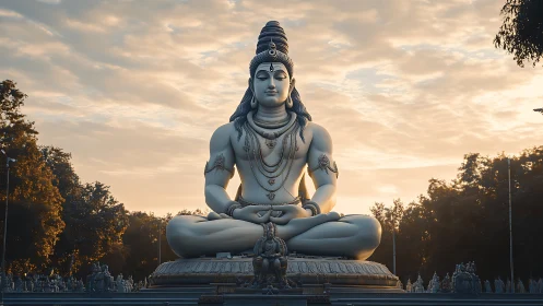 Serene Shiva statue meditates under a warm glowing sky.