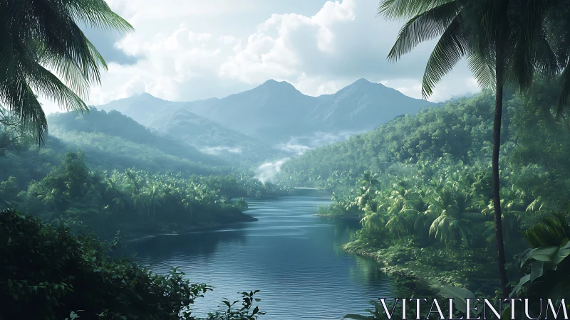 Tranquil jungle river winding toward misty blue mountains.