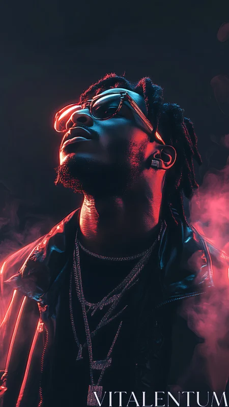 Neon-lit portrait of cool man in smoke and glossy jacket.