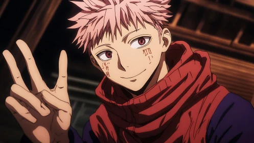 Cursed-eyed trickster flashes a sly, soft victory sign.