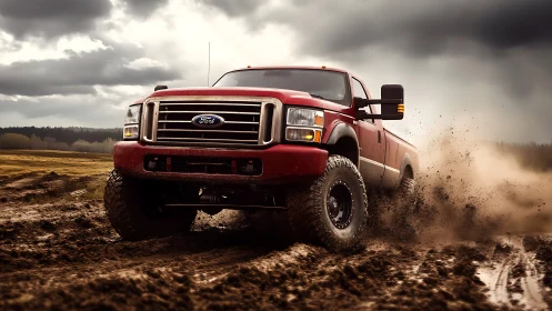Red off-road pickup powers through deep country mud.