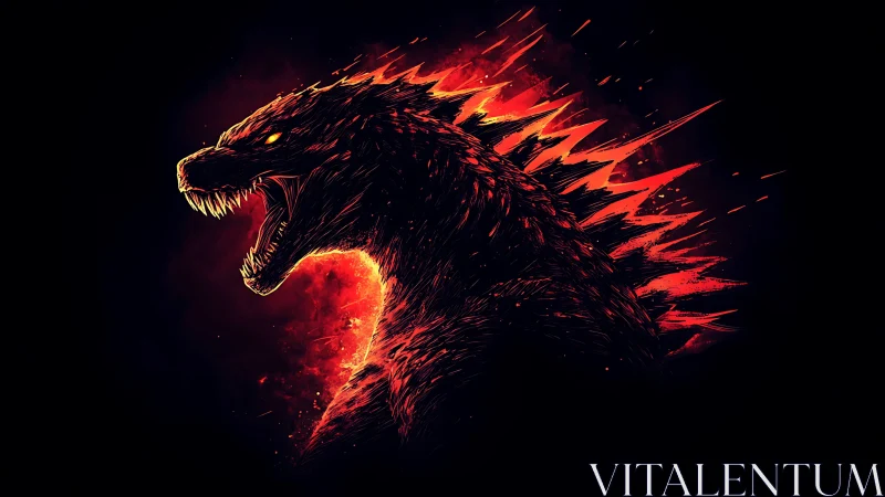 Silhouetted reptilian kaiju profile with red energy flare.