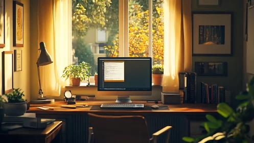 Ergonomic coding workstation in sunlit, biophilic home office.