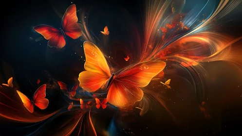 Digital illustration of orange butterflies on abstract streaks.