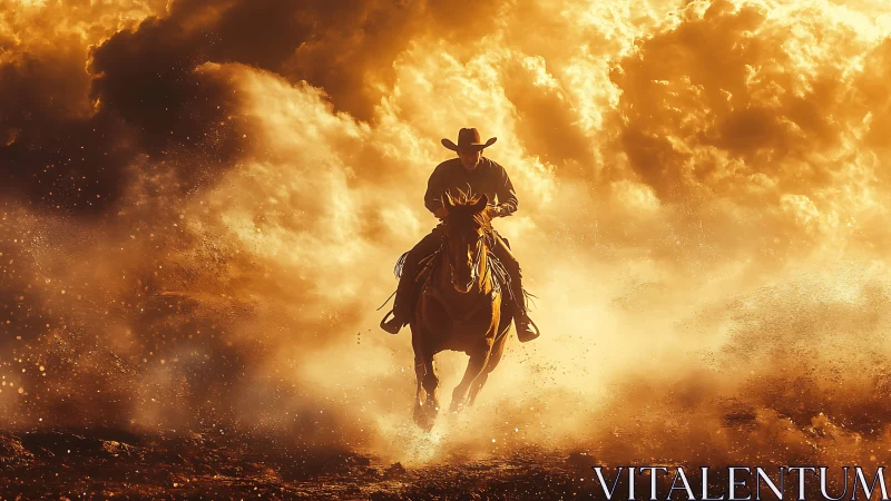 Lone dusk rider charging through a wildfire sky of dust.