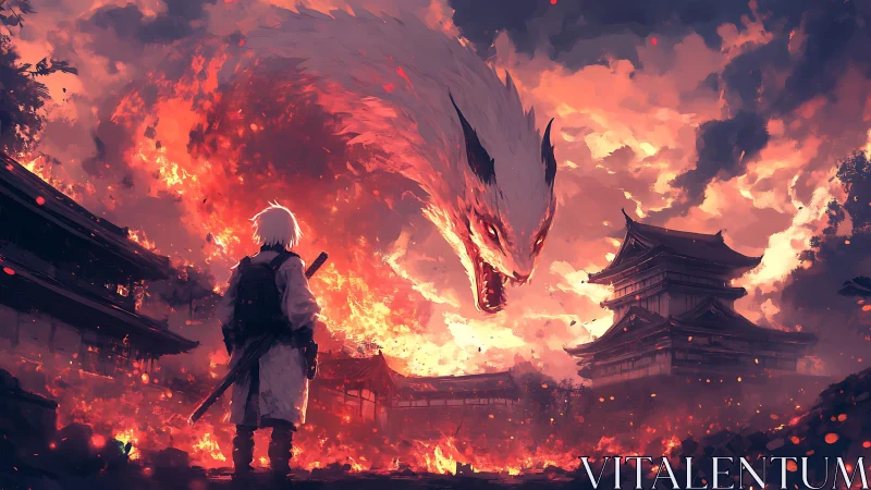 Storm of fire and spirit above a lone wandering swordsman.