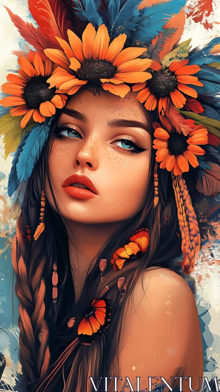 Sunflower crowned muse in a cascade of warm colors.