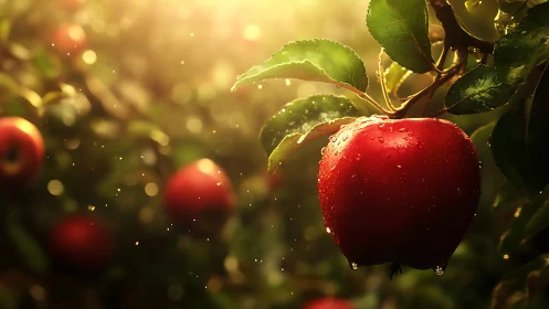 Sunlit orchard jewel hangs heavy with dawn-bright promise