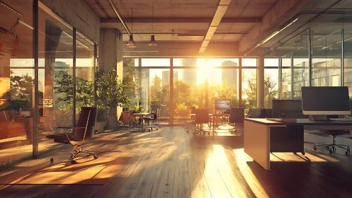 Golden morning light welcomes a calm, plant filled open office