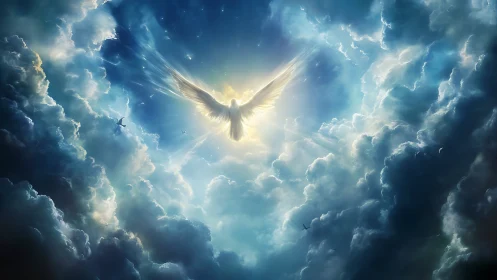 Heavenly dove glowing in radiant blue and golden clouds.