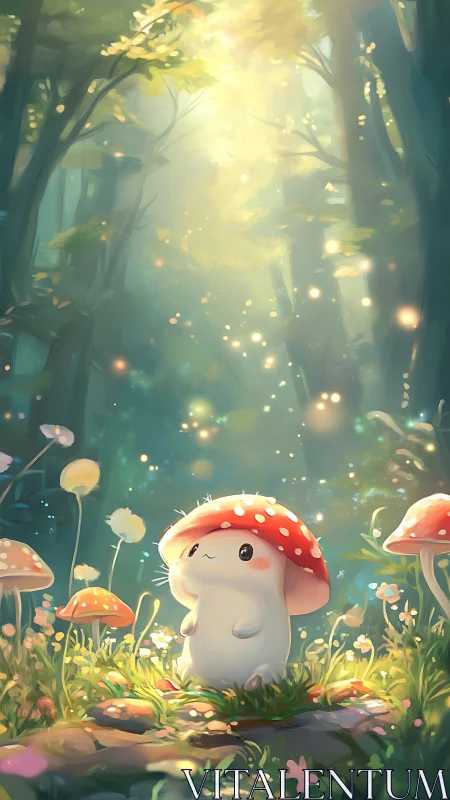 Tiny forest friend under a glowing mushroom umbrella.