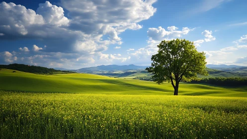 Solitary deciduous tree on rolling canola fields under cumulus sky