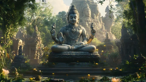 Serene stone deity statue in lush ancient jungle temple.