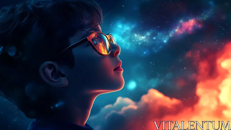 Child gazes toward glowing nebula under vivid night sky.