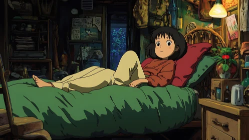 Girl lies on green bed in cluttered wooden interior room