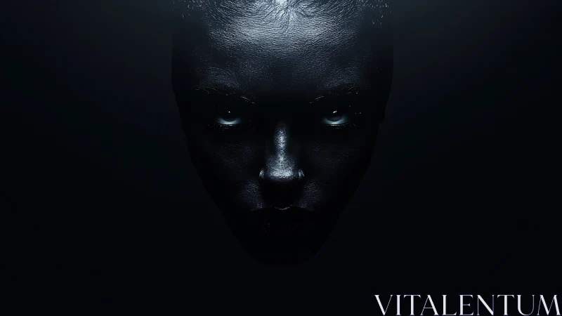 Central human face emerges from dark background with glare