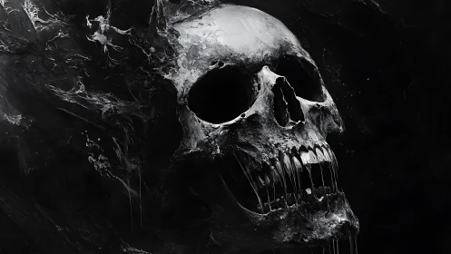 Monochrome human skull rendered in high contrast detail.