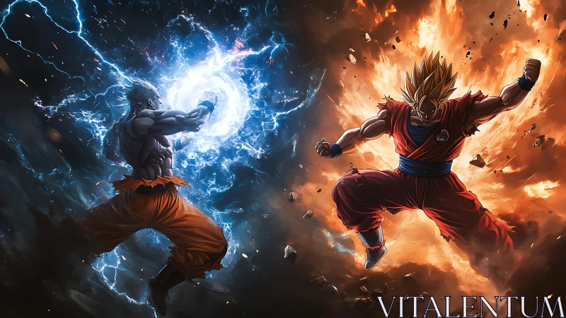 Energy warriors clash amid blue lightning and orange fire.