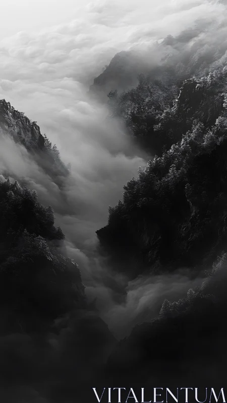 Monochrome valley records dense fog between steep slopes