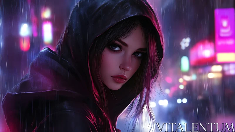 Neon rain drapes a hooded vigilante in midnight resolve.