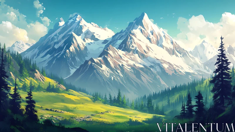 Snowcapped mountain range above sunlit forest valley.