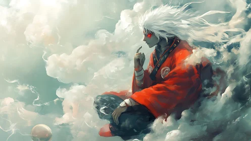 Crimson sky wanderer brooding in storm-softened clouds.