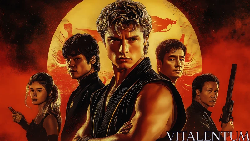 Martial arts heroes stand united before blazing red moon.