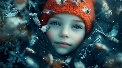 Child in winter attire with frost-covered vegetation and birds
