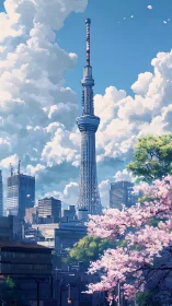 Tall broadcast tower rises over city skyline and blossoms