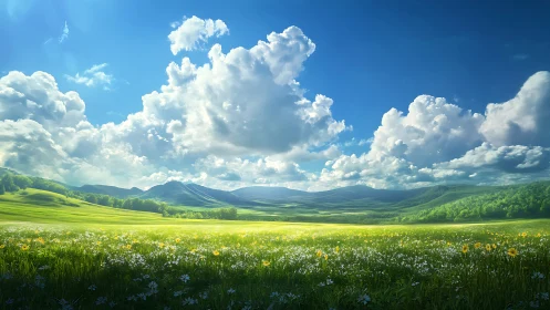 Sunlit wildflower meadow under bright summer skies.