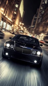Black luxury sedan drives fast through blurred city street