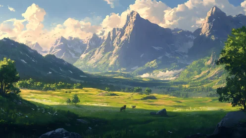 Sunlit alpine valley landscape renders atmospheric depth and scale