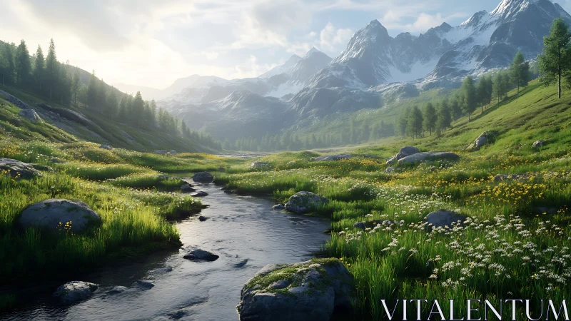 Mountain valley stream flows through grassy, flowered terrain