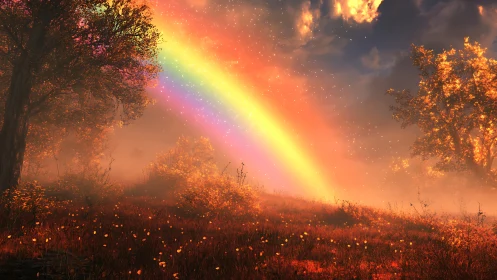 Radiant rainbow arcs across glowing autumn meadow at dusk.