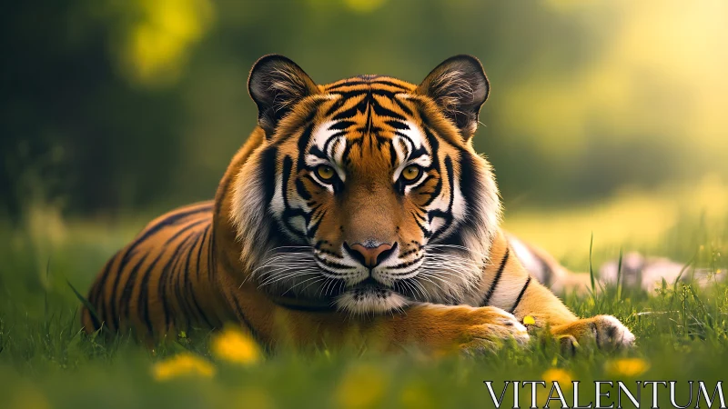 Low-angle frontal tiger portrait with shallow depth and warm bokeh