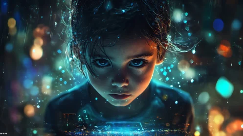 Child face close-up amid neon digital light particles.