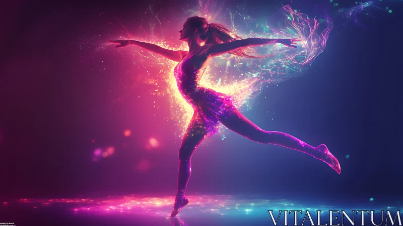 Neon ballerina leaping in glowing abstract light burst