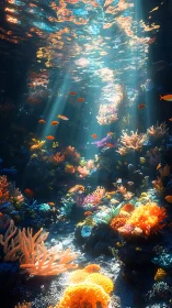 Sunlit coral garden glows under gentle waves and curious fish