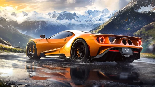 Orange supercar on wet mountain road under snowy peaks.