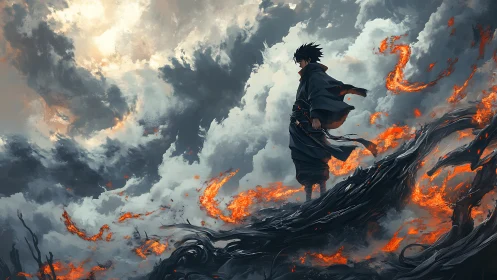 Solitary warrior surveys molten tendrils amid turbulent storm