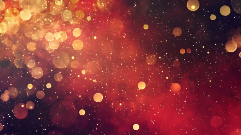 Glowing golden lights drift softly across a dreamy galaxy sky