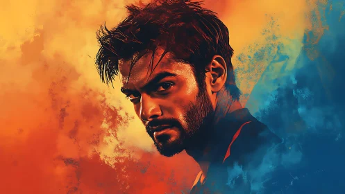 Intense male portrait in fiery orange and cool cyan haze.