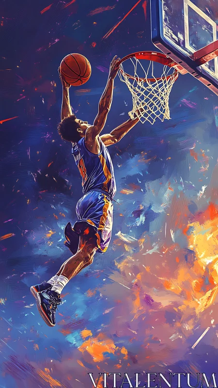 Basketball player midair dunk rendered in dynamic digital brushwork
