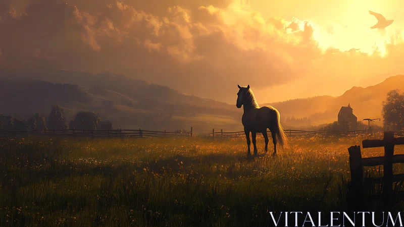 Sunlit horse stands in misty valley pasture at golden hour