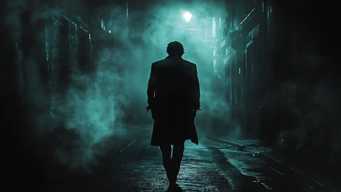 Silhouetted figure walks through foggy urban alley at night