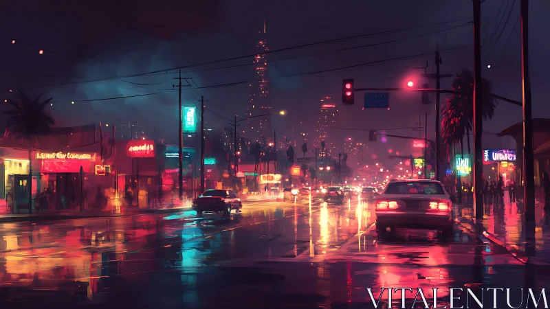 Neon rainstorm drapes a restless city street in liquid light.