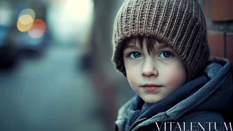 Child in Winter Outerwear with Blue Eyes Against Urban Blurred Background